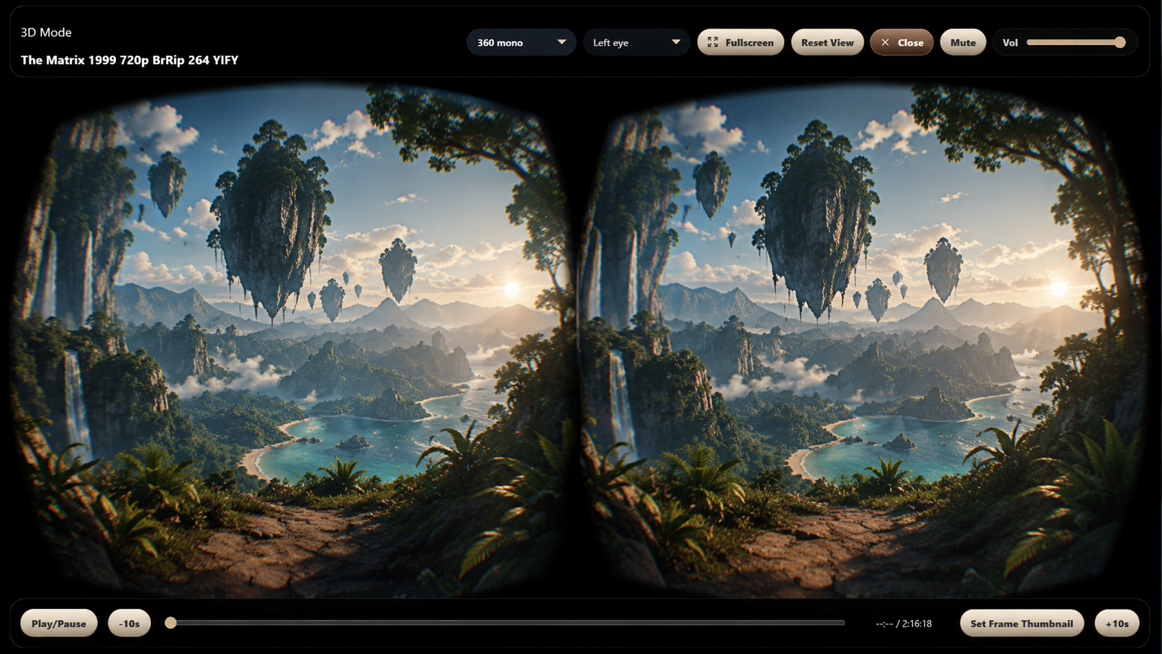 LocalStream 3D mode showing a side-by-side immersive landscape for VR viewing.