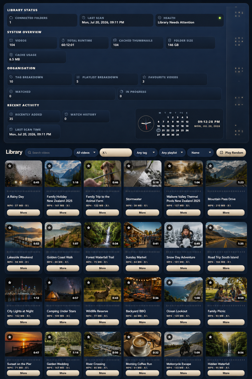 LocalStream desktop library showing dashboard summaries, search, filters, and a grid of video thumbnails in one view.