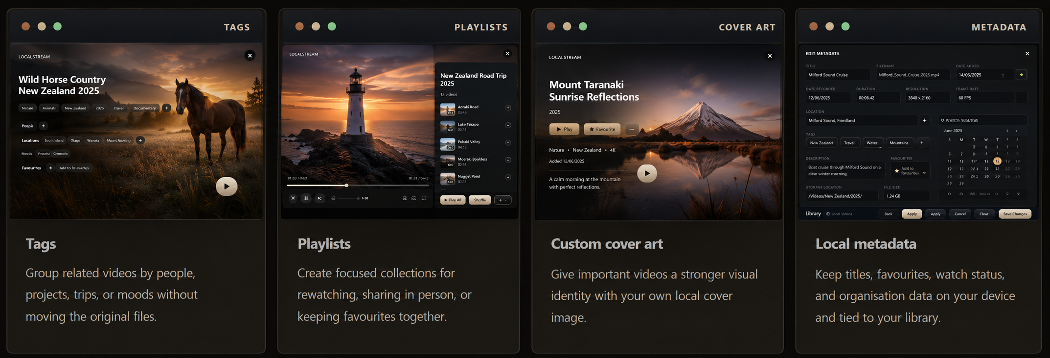 Four LocalStream organisation cards showing tags, playlists, custom cover art, and local metadata features.