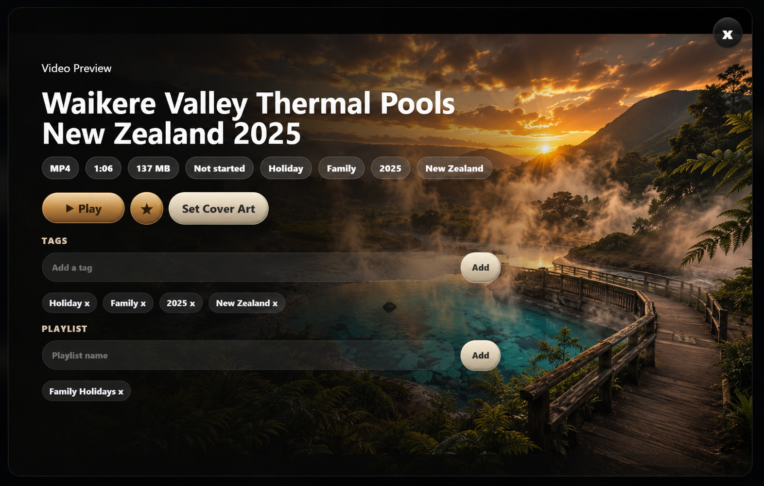 LocalStream cinematic video preview screen showing cover art, play actions, tags, playlists, and a scenic backdrop.