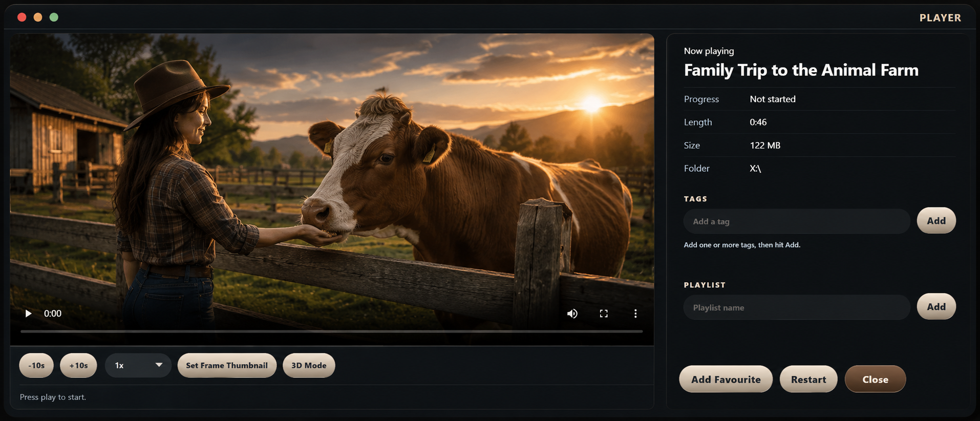 LocalStream player view showing a woman feeding a cow at sunset with metadata, tags, playlists, and playback controls alongside the video.