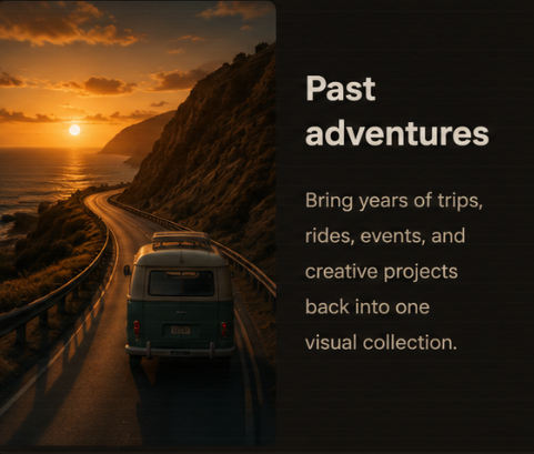 Rediscovery card for past adventures with a road trip at sunset.