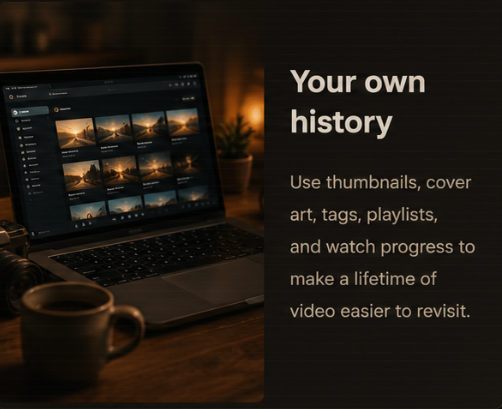 Rediscovery card for your own history with a laptop video library view.
