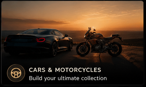 Sports car and motorcycle parked near the coast at sunset.