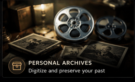 Film reels and old photographs arranged as a personal archive.